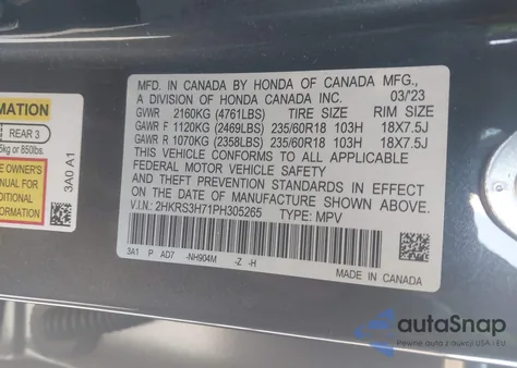 2023 Honda Cr-V Ex-L 2Wd from USA, damaged, VIN 2HKRS3H71PH305265